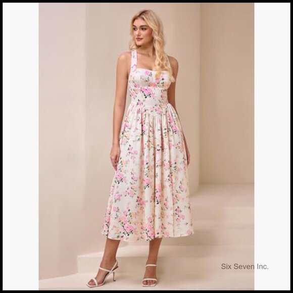 Floral Midi Dress Halter Neck Flowy A Line Split Lace Up Casual Sundress - Picture 5 of 6